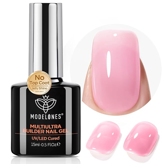 modelones Builder Nail Gel, No Top Coat Needed Builder for Nails Pink, C-Curve Sculpting, Glossy Jelly Finish, No-Wipe, 9-in-One LED Lamp Cured Color Rubber Base Gel Polish for Quick DIY Salon