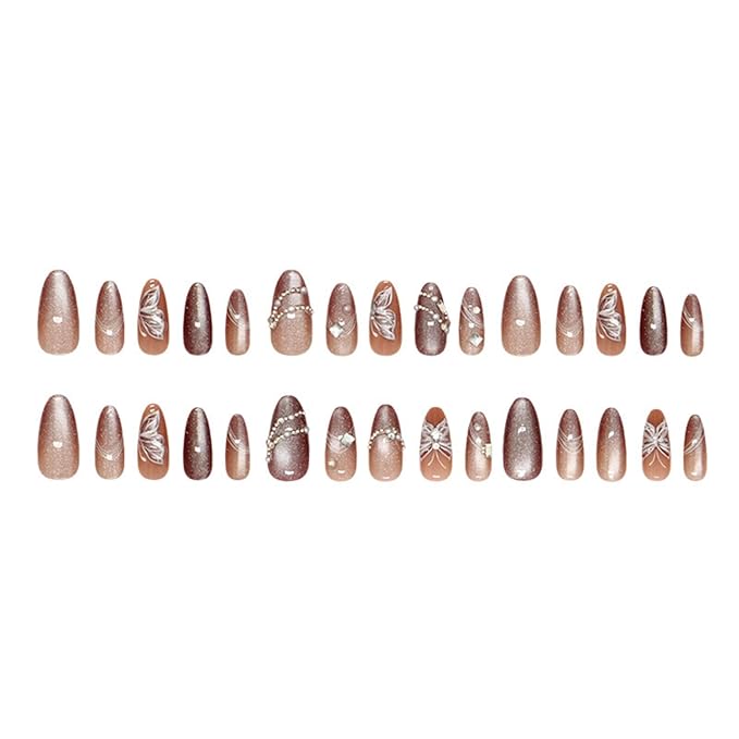 Medium Press on Nails Almond Fake Nails Brown False Nails Ombre Artificial Nails Glitter Acrylic Nails Press ons with Butterfly and Rhinestones Designs Sparkly Stick on Nails for Women 24pcs