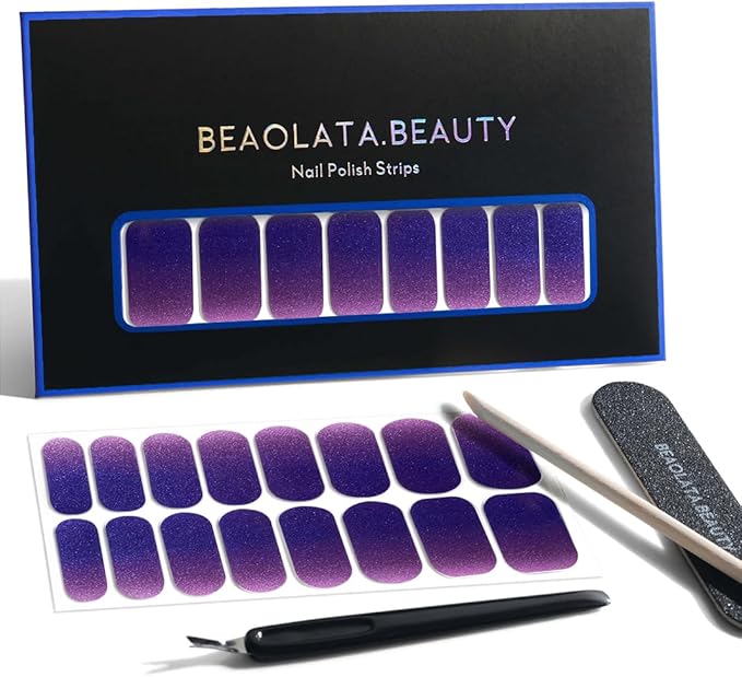 Nail Polish Strips, 32PCS Salon Quality Wraps, Long Lasting Gel Nail Stickers for Women Easy Apply& Remove (Galaxy Gleam Purple)