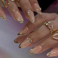 Gold Press on Nails French Tip Fake Nails Almond Medium False Nails Press Ons Pearl Glossy Full Cover Acrylic Glue on Nail Artificial Stick on Nail or Women Manicure 24Pcs