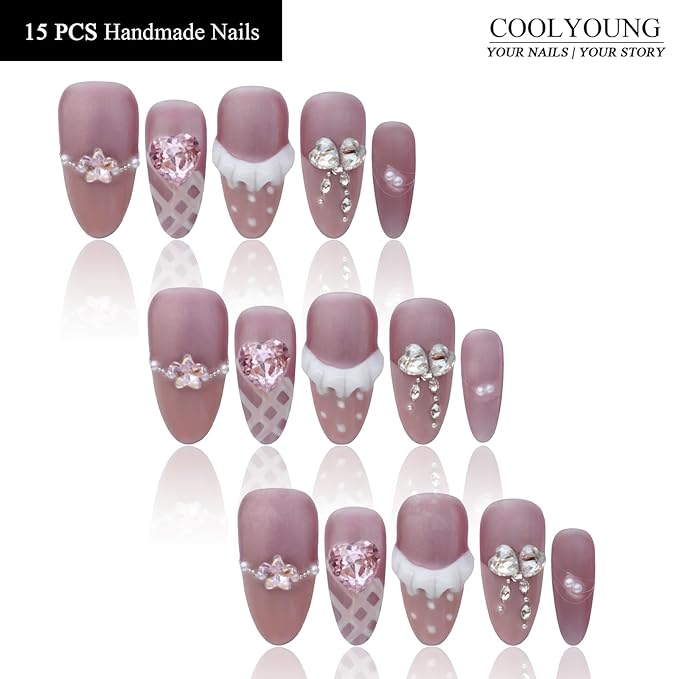 Handmade Nails Medium Pink Almond Press On Nails Press On Women Gifts 3D French Tip Press On Nails Stick On Nails For Women COOLYOUNG 15 PCS, Size S