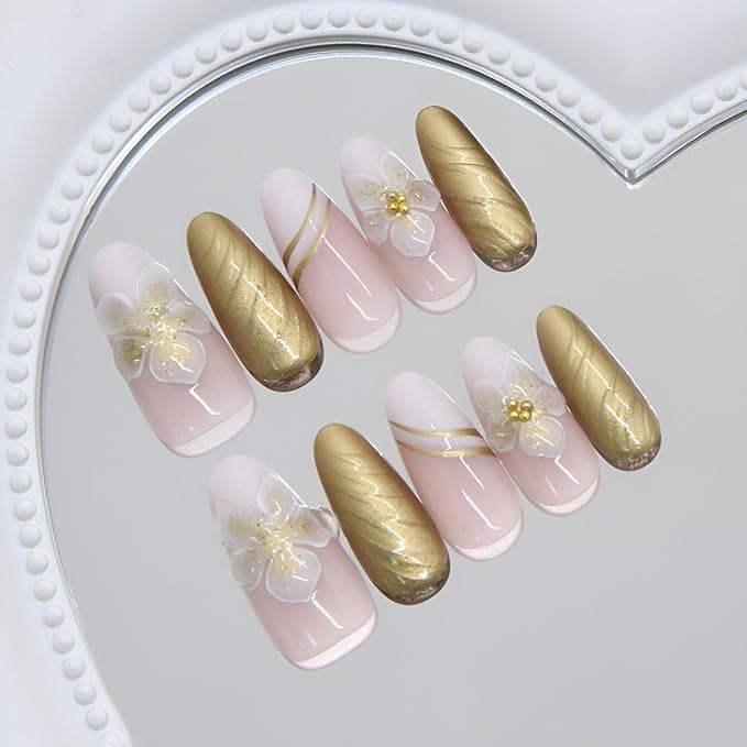 Flower Fake Nails Medium Almond Press on Nails Gold Nails Press Ons Glossy Full Cover False Nails with Rhinestones Design Acrylic Glue on Nail Reusable Stick on Nail for Women Decorations 24Pcs