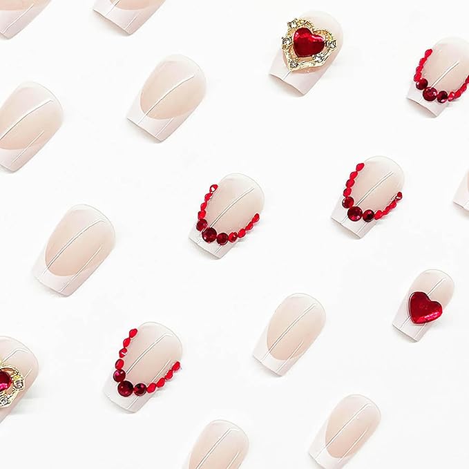 RTKHFZE Coffin Press on Nails Short Square Fake Nails White French Tip Glue on Nail False Nails with Red Heart Rhinestones Designs Acrylic Glossy Artificial Nail for Women 24Pcs