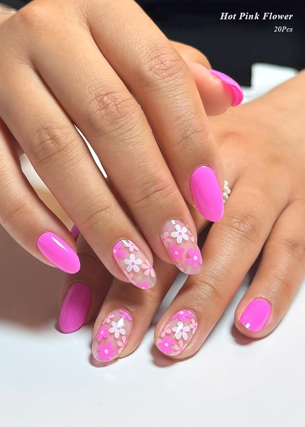 Semi Cured Gel Nail Strips (Hot Pink Flower), 20 Pcs Summer Gel Nail Wraps, Stickers, UV Light Required, Salon Quality, Long Lasting