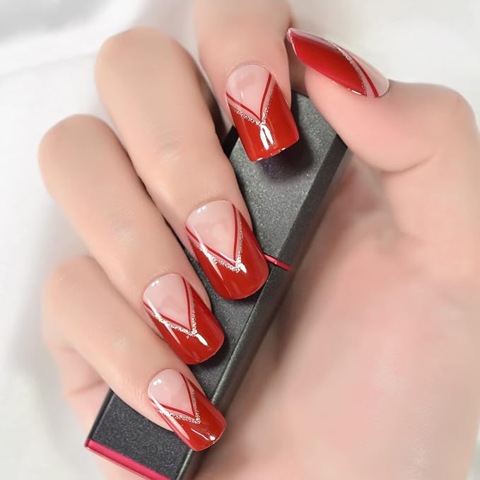 Red Gold Glitter V-Shape Press On Nails Medium Square Acrylic Full Cover Salon DIY False Nails 24 pcs/kit