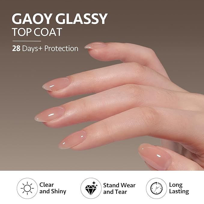 GAOY 2 Pcs Glassy Gel Top Coat and Rubber Base, Jelly Builder Base Nude Sheer Pink 01 Lush Nude with Detailed Liner Brush, Soak Off Nail Strengthener UV Light Cure