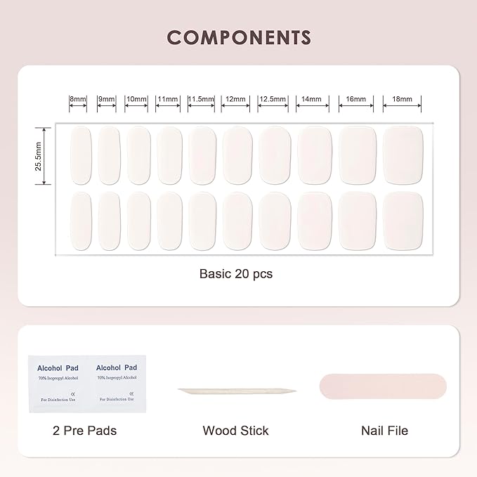 Semi Cured Gel Nail Strips – Real Gel Nail Polish Wraps for Brittle Nails | Waterproof Long Lasting Easy Peel-Off Removal | Hema-Free | Warm White 20-Piece Salon Set with File & Stick