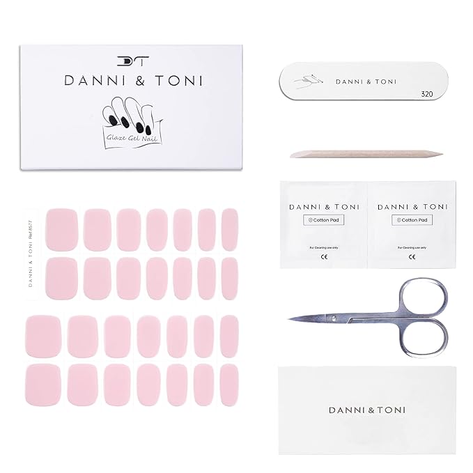 DANNI & TONI Semi Cured Gel Nail Strips (Sweet Pink) Gel Nail Wraps Solid Color 28 Stickers