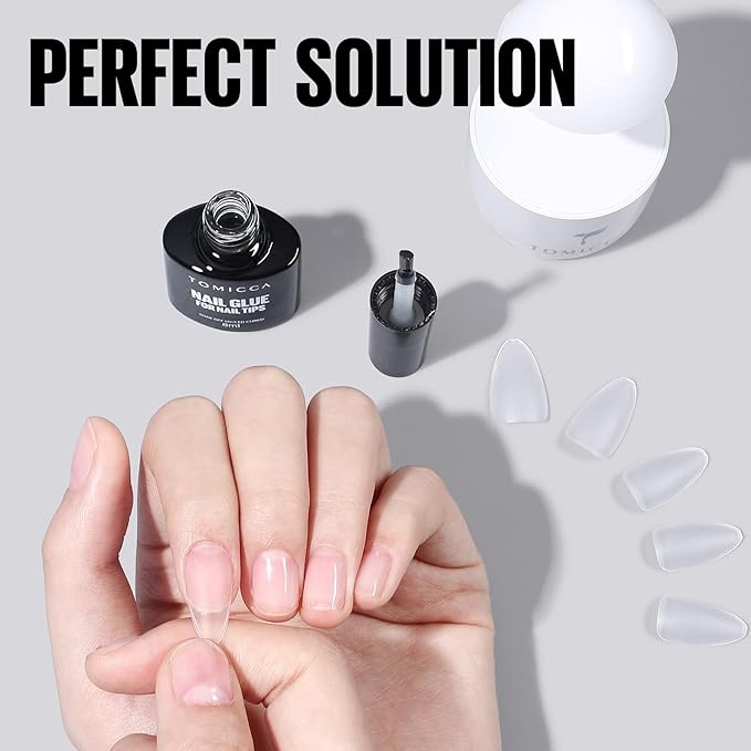 TOMICCA 6 in 1 Brush On Nail Glue for Press Ons 8ml Gel Nail Glue Strong for Acrylic Nails Lamp Curing Needed UV, DIY Home Salon Use