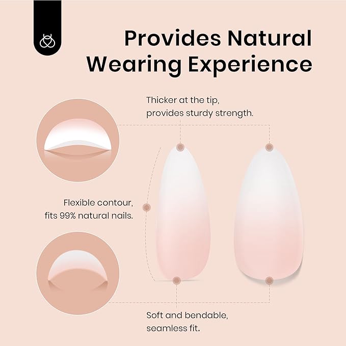 Beetles Ombre Short Almond Press on Nails 224 Pcs Gel Nail Tips, Peach Press ons Pre-applied Primer & Base Coat Glue on Nail Tips, No Need to File Fake Nails DIY Nails Gifts for Women