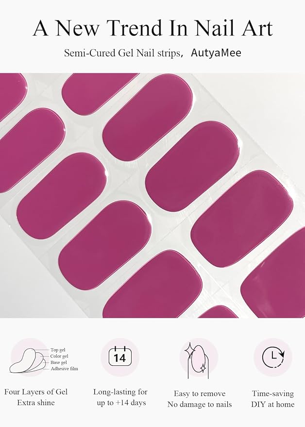 Semi Cured Gel Nail Strips (Plum), Purple Red, 20 Pcs Gel Nail Wraps, Stickers, UV Light Required, Salon Quality, Long Lasting