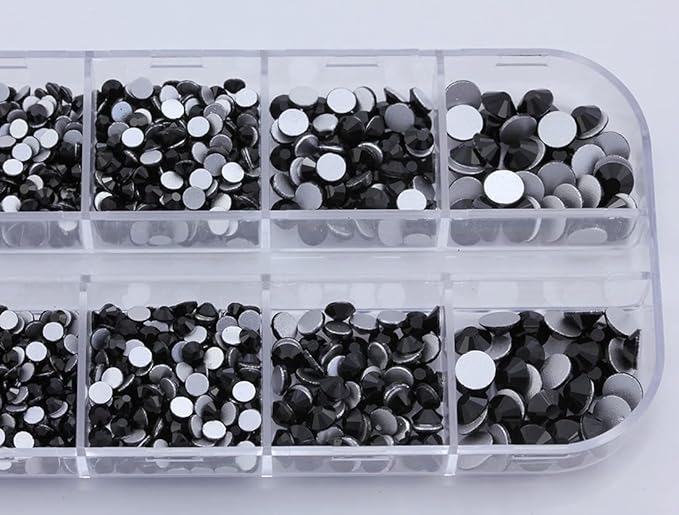 Over 2100 Pieces Jet Black Flat Back Glass Rhinestones Crystals for Nail Art Kit 6 Sizes (1.4mm - 4.8mm)