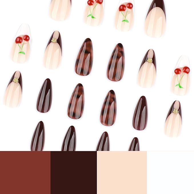 Medium Press on Nails Almond - Winter Brown Fake Nails with Cherry Pattern Design - French Tip Glossy Full Cover Stick on False Nails - for Women 24 Pcs