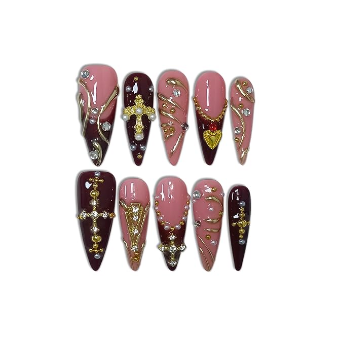 Handmade Press on Nails Long Stiletto - Wine Red French with 3D Cross & Wave Charms | Reusable & Enamel Glossy False Nails | Gothic Classical Style(L)