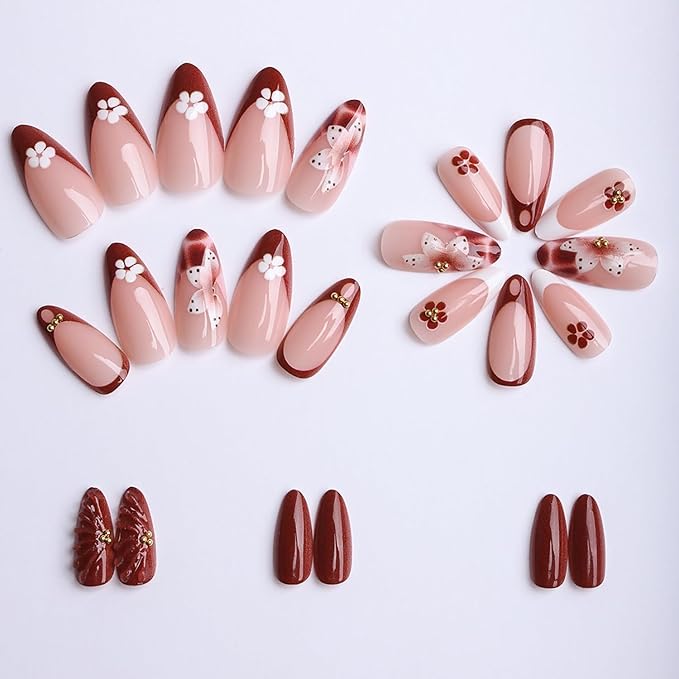 Handmade Press on Nails Medium Almond MABKJLF French Tip Fake Nails 3D False Nails with Flower Beads Designs Red&White Glossy Glue on Nail 3D Fall Acrylic Nails for Women Girls 24Pcs