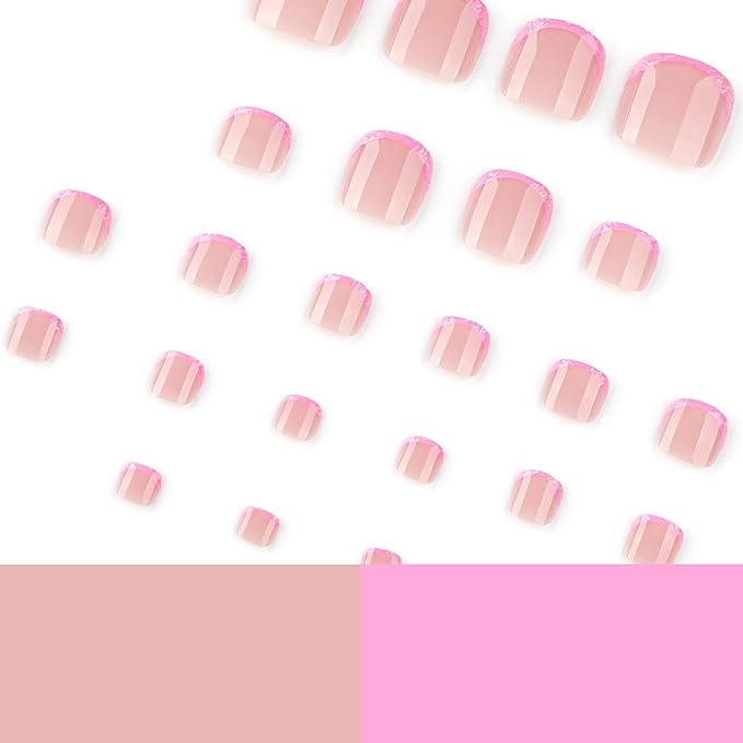 French Pink Press on Toe nails Short Square French Fake Toe Nails Tips Glitter Pink False Toenails Glossy Summer Acrylic Toe Nails Decorations for Women Girls 24Pcs
