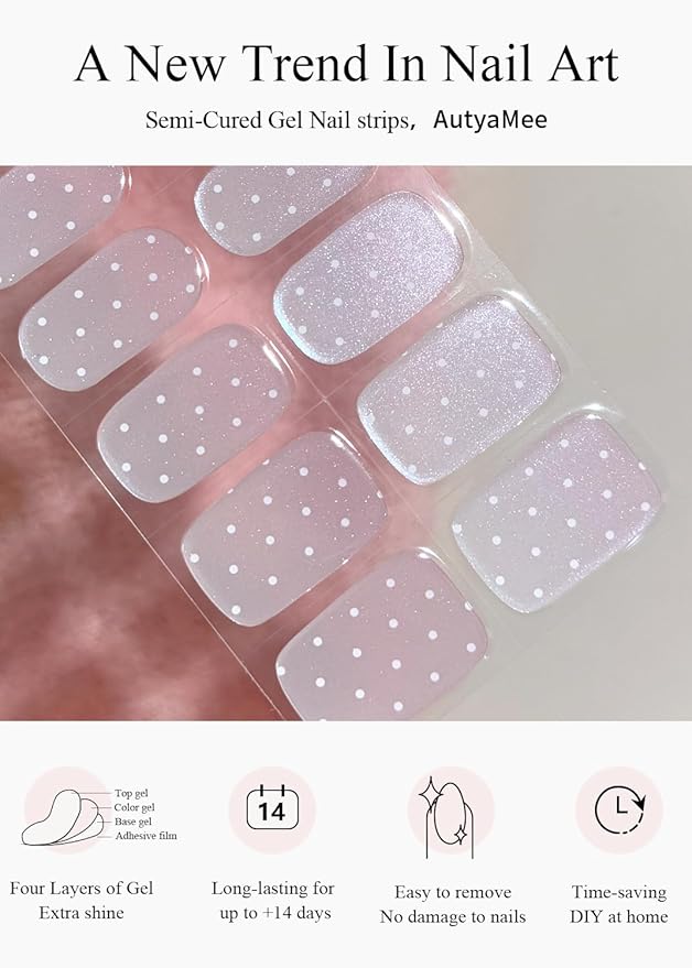 Semi Cured Gel Nail Strips (White Polka Dot), Pearl, Chrome, 20 Pcs Gel Nail Wraps, Stickers, Long Lasting, Works With Any UV Lamps