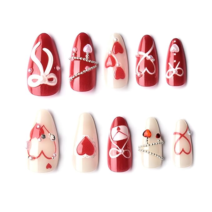 Valentines Fake Nails Medium Almond Press on Nails Red Heart False Nails 3D Bow Nails Press Ons with Pearl Design Gloss Glue on Nail White Red Stick on Nail for Women Decoration Set 24Pcs