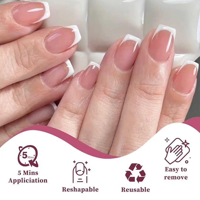 120PC White French Tip Press on Nails Short Fake Nails Press ons with 5*Adhesive Tabs, Pink Coffin Acrylic Nail Press on Nail French Tip Nails False Artificial Fingernails Stick on Nails-G