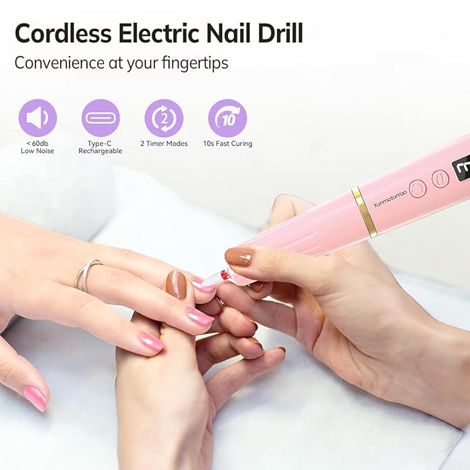 Professional Electric Nail Drill File, Cordless Nail Drill Machine kit for Acrylic Gel Dip, 12 in 1 Nail Machine Kit Portable Rechargeable Manicure Pedicure Tools for Home Salon(Pink)