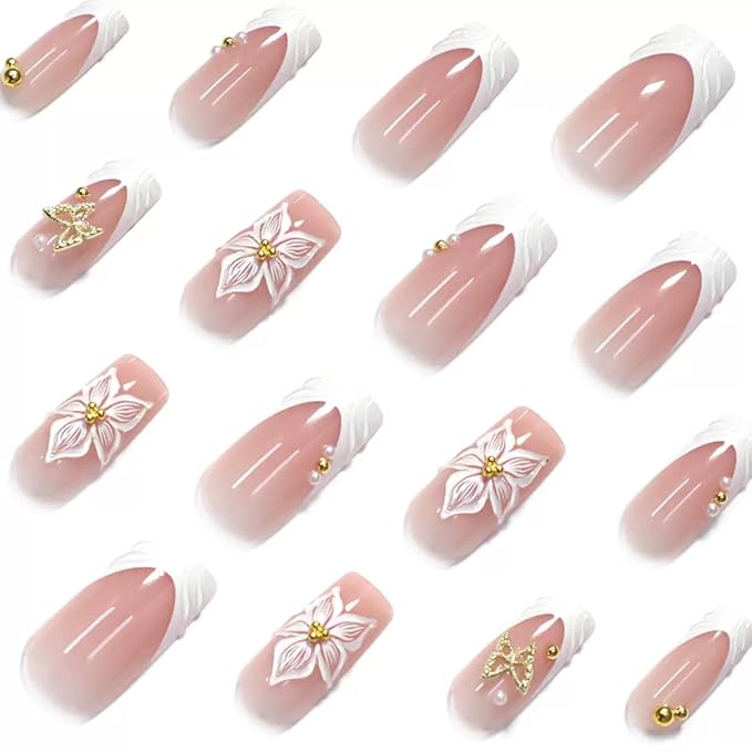 Press on Nails Square - White French Tip Fake Nails with Flower Butterfly Design - Medium Long False Nails - for Women 24 Pcs