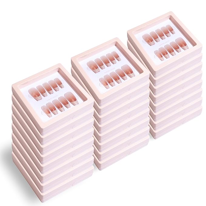 LIGHT RAIN Press on Nail Packaging for Salon - 3.5 x 3.5 X 0.8 Inch 3D Floating Frame, Storage Box Case 24 pcs, Display Card 24 pcs, Pre-cut Double Sided Strong Tape 48 pcs, OPP bag 24 pcs, Pink Color