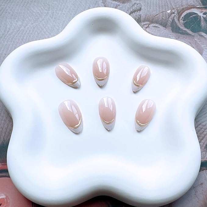 24 Pcs French Tip Press on Nails Short Almond Fake Nails with Designs Gold Stripes False Nails White French Tip Acrylic Nails Stick on Nails Full Cover Acrylic Nails for Women Girl