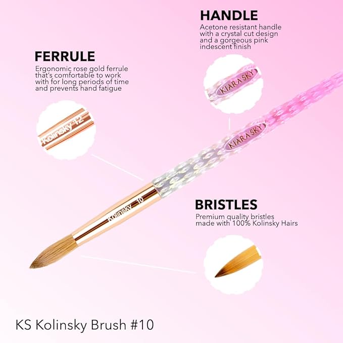 Kiara Sky Acrylic Brush #10 - Pink | 100% Pure Kolinsky | Crystal Cut Handle and Acetone Resistant