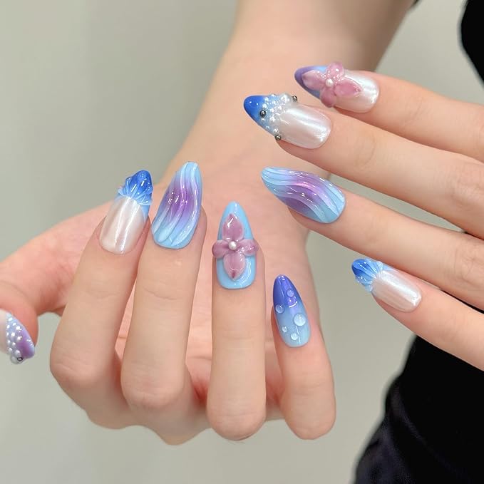 3D handmade nails press on false nails,Thick Strong Waterprooft almond hand-painted blue white purple flower pearl acrylic fake nails designed kit,10 Nails, Size L #2979