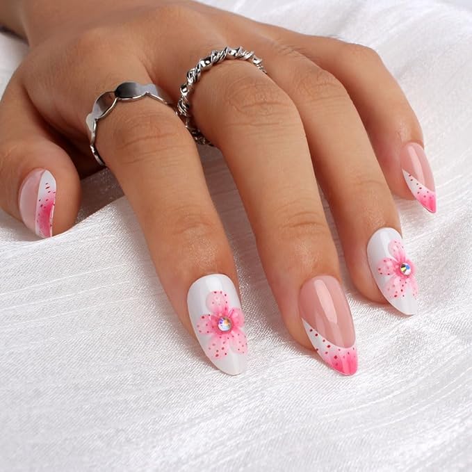 evpct 3D Flower French Tip Press on Nails Short Almond, Nude Pink White Glossy Fake Nails with Peach Flower & Rhinestones Designs, Stick on Nails with Nail Kit, 24Pcs Reusable Stick on Nail Kit Women