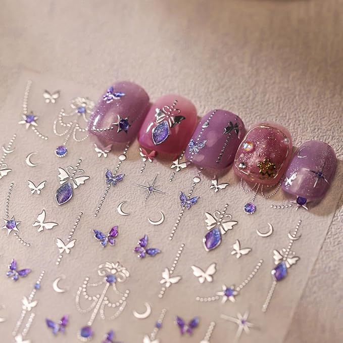 Butterfly Nail Stickers Gold Silver Nail Art Decals with Jelly Design 5D Embossed Self Adhesive Spring Summer Nails Art Sticker Manicure Supply for Women Girls Kid Nails Decoration Accessories