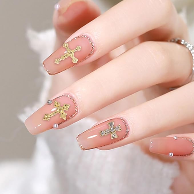 3D Cross Nail Charms for Nail Art, 60 Pcs Metal Crystal Cross Nail Decorations, Alloy Nail Studs and Rhinestones for Women Girl DIY Jewelry Crafts Supplies (Gold)