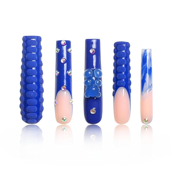 LOVFUL Press on Nails Little Blue Bear | Handmade with Full Covered Crystals | Reusable Fake Nails | Square Long 2.2 in | H132-S