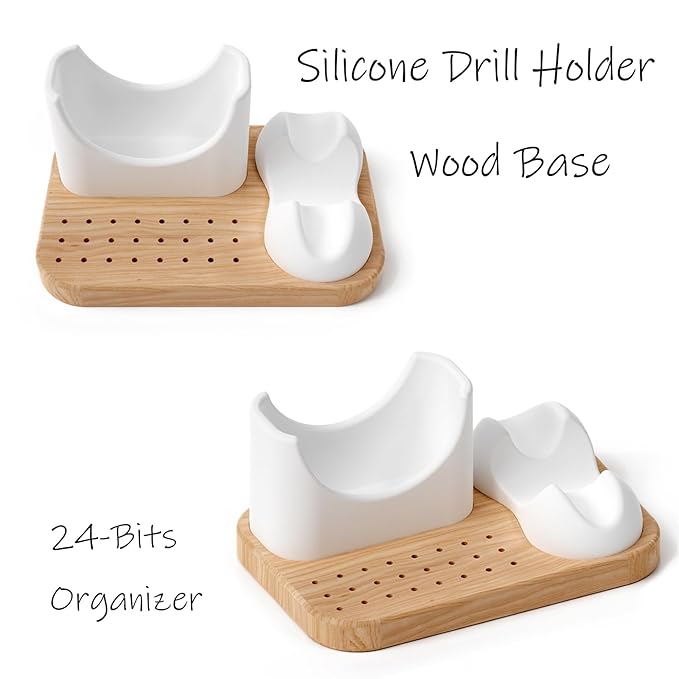 Nail Drill Bit Holder and Organizer, 24 Hole Wooden Base with Soft Silicone Holder for Nail Drill Machine and Grinding Pen, Desktop Storage Case for Nail Techs, Home Salon Use and Nail Art Tools