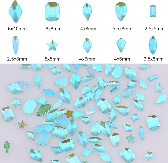 100pcs Aurora Aquamarine Si Transparent Crystal ab Flat Back Glass Colored Nail Gems and Rhinestones Bulk Shapes Mix for Nail Design
