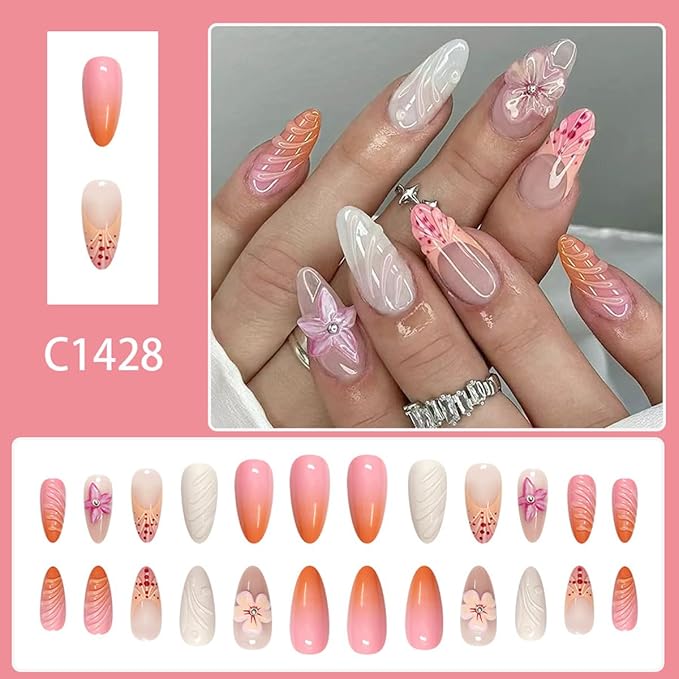 Summer Press on Nails Almond - Medium French Tip Fake Nails 3D Flower Fake Nails Press ons with Silver Beads Design, Glossy Acrylic Nails Full Cover Glue on Nails for Women Manicure 24Pcs