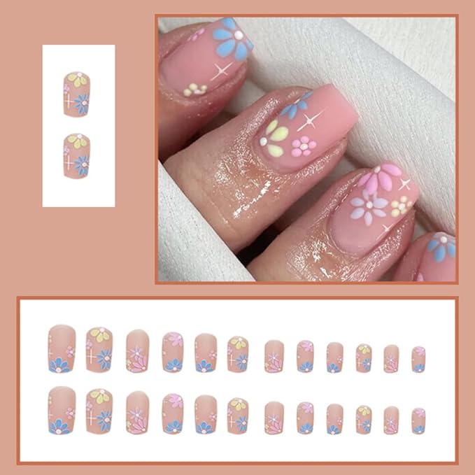 Press on Nails Square Short Pink Fake Nails Short Press ons Nail Tips Artificial Acrylic Kit Full Cover False Nail with Multicolor Flowers Glossy Design Stick on Nails Women 24Pcs