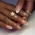 Press on Nails Almond - White French Tip Fake Nails with Gold Line Design - Glossy, Medium Fasle Nails for Women 24 Pcs
