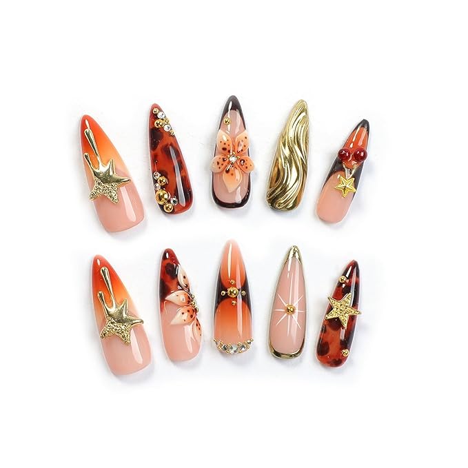 Handmade Press on Nails Thickened Salon Quality Fake Nails with Luxury 3D Flower Stars Cherry and Rhinestone Designs Gradient French Tip False Nails Long Almond Acrylic Nails for Women（Size M)