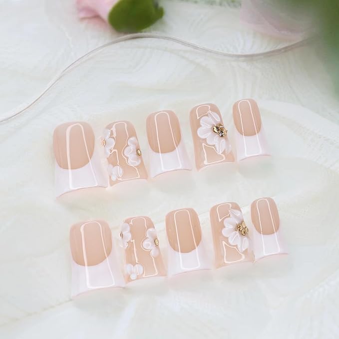 Duck Press on Nails Short Handmade 3D Unique Flower Fake Nails White French Tip False Nails with Designs Thick and Muti-Layer Gel Acrylic Nails Glossy Glue on Nail for Women (Size M)