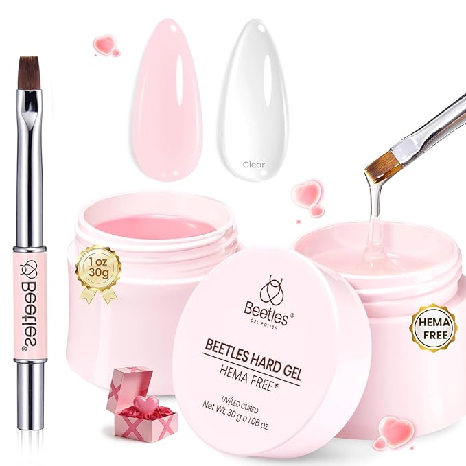 Beetles HEMA-Free Hard Gel for Nails-2 Pcs 1oz 9 in 1 Clear Jelly Pink UV/LED Lamp Cured Sculpting Stengthener Gel for Nail Extension & Nail Repair with Flat Nail Brush for Manicurist Women