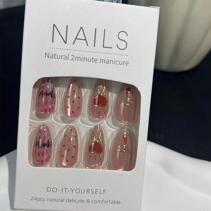 Valentines Nails Press Ons - Valentines Press On Nails Almond Medium Pink Fake Nail With Gilded Heart Cat-Eye Designs Acrylic Artificial Glue On False Stick On Nails for Women Girls
