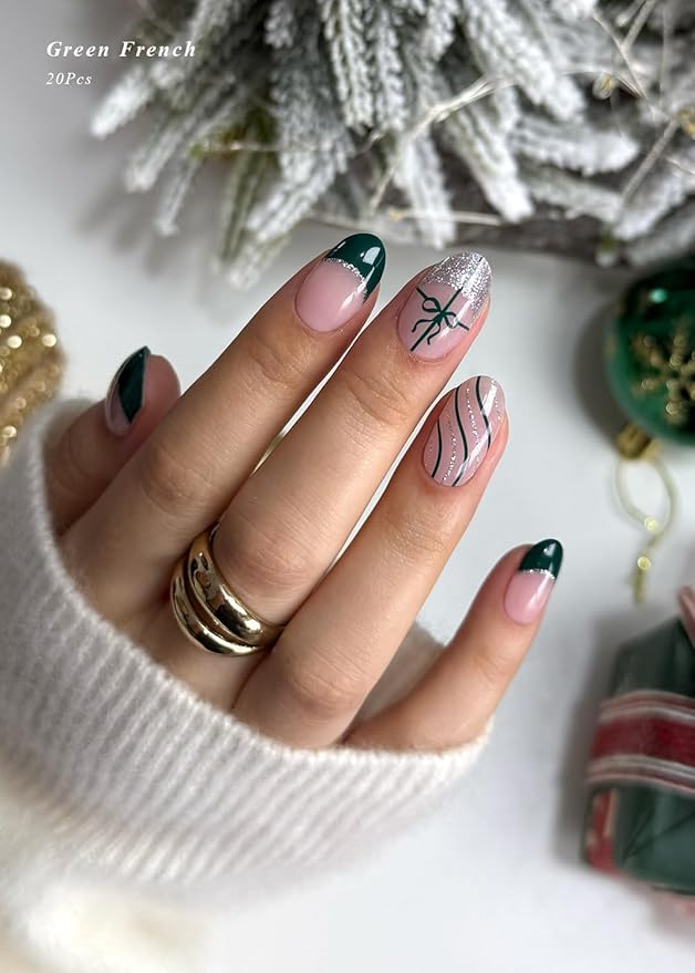 Semi Cured Gel Nail Strips (Green French), Christmas Silver Glitter, Bow, 20 Pcs Gel Nail Wraps, Stickers, Salon Quality, Works with Any UV Lamps