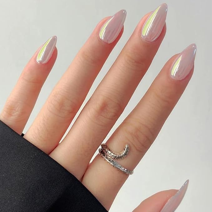 GLAMERMAID Chrome Press On Nails Short Almond, White Pearl Handmade Soft Jelly Gel Fake Nails, Glazed Donut Round Oval Stick Glue on Nails Kit for Women, Mermaid Matal Reusable Acrylic False Nail Set