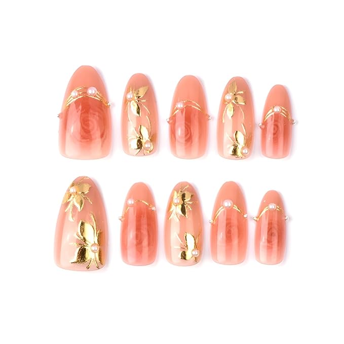 30Pcs Valentines Press on Nails Medium Almond Fake Nails Gold Flower Nails Press Ons with Pearl Design Rose False Nails Glossy Glue on Nail Nude Pink Stick on Nail for Women Decoration Set
