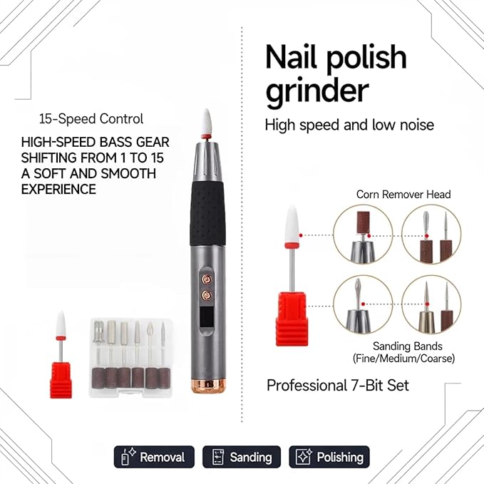 Cordless Nail Drill, Nail Drill Professional,15 Adjustable Speeds & 2 Direction Electric Nail File Kits, Portable Electric Nail Grinder Tools for Home Salon Manicure Pedicure Beginners. (Black)