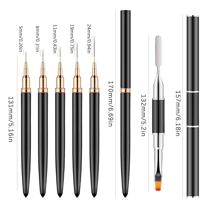 6Pack Nail Art Liner Brushes,Dual-Ended Nail Art Brush for Poly Extension Sculpture Gel, Nail Dotting Drawing Tool For Long Lines, Thin Details, Fine Drawing Sizes 5/8/11/19/24mm