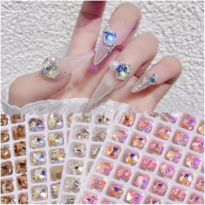140 Pcs Crystals Rhinestones Set Nail Gems Pink Rhinestones Iridescent Clear Crystals Shiny Sharp Bottom Aurora 3D Nail Charms Nail Decorations for Nail Designs (colorful)