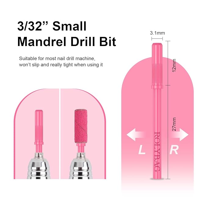 Rolybag 100pcs Small Sanding Bands Nail Drill Bits 180 Fine Grit Nail File Sanding Bands with 3.1mm Mandrel Bit for Acrylic Nails Gel Removing Shaping Professional Manicures and Pedicure, Rose Red