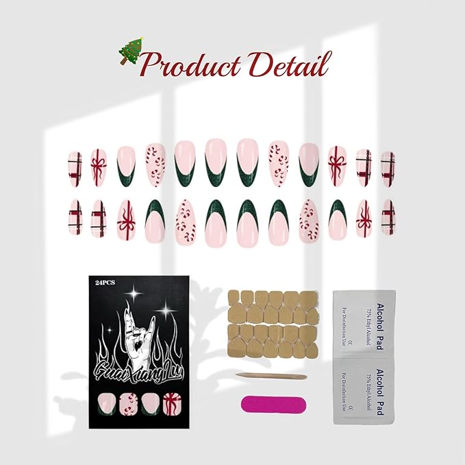 Press On Nails Almond Christmas, French Tip Press on Nails Short, Glue On Nails for Women Gift, Supremely Fit Natural Reusable Stick On Nails in 12 Sizes -24 Fake Nails Kit, French Spark Green
